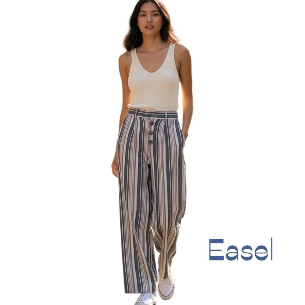 Anthropologie Easel Cream Striped Wide Leg Pants NWOT Size M Coastal Nautical